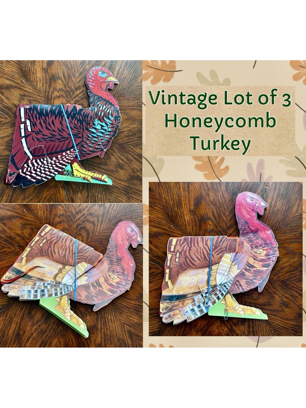 Vintage Lot 3 Beistle Honeycomb Paper Turkey Vintage 1969 Thanksgiving Décor